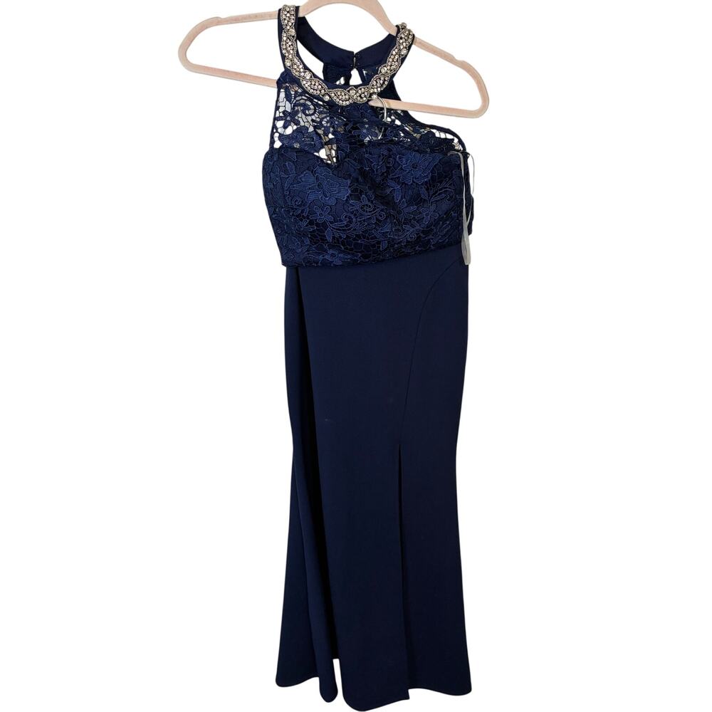 Women's My Michelle Lace Glitter 2 Piece Prom Dress Navy Halter Top Skirt Set - Picture 4 of 9